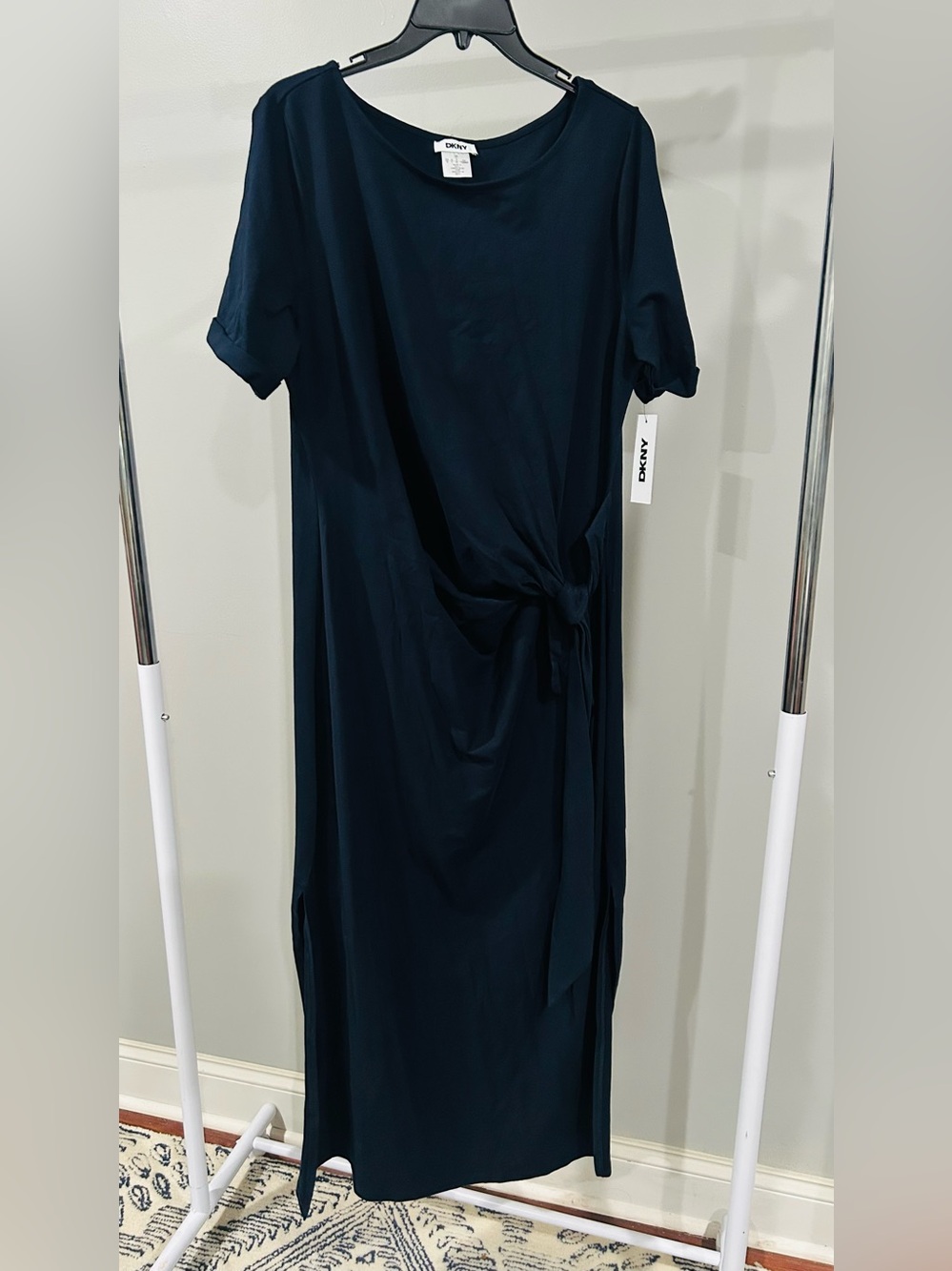 Swarovski Navy Tie-Waist Short Sleeve Maxi Dress